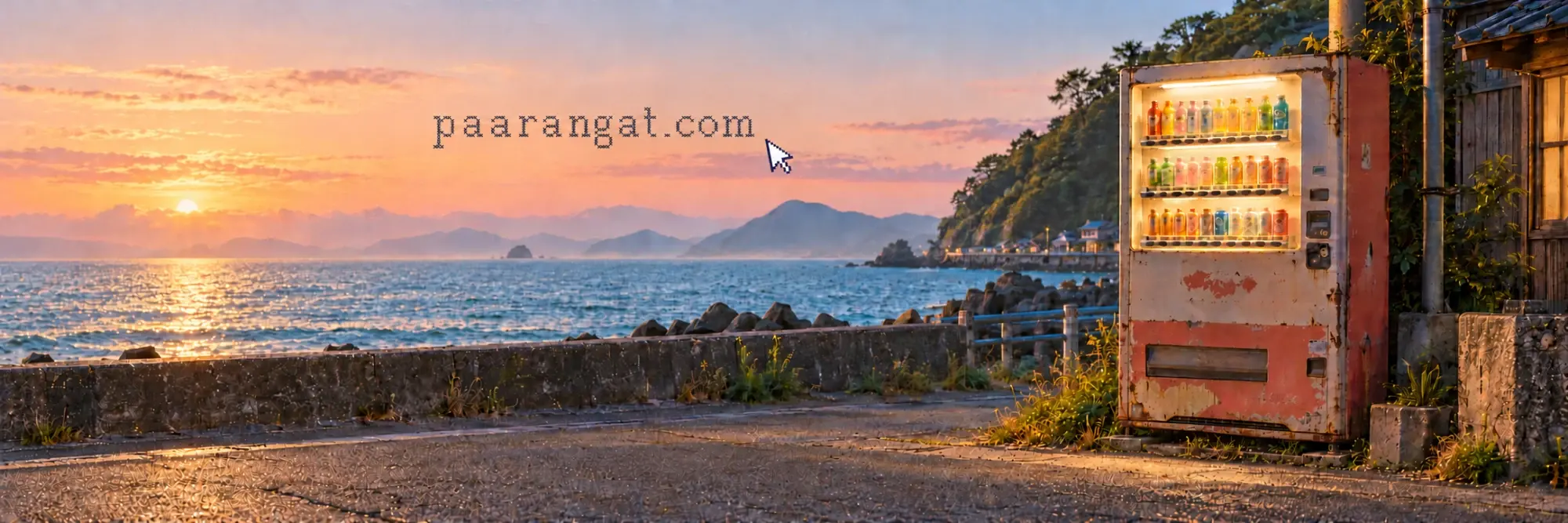 A seaside sunrise with paarangat.com written across the sky.
